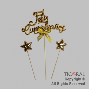 CAKE TOPPER CON 2 ESTRELLAS FELIZ CUMPLEAOS ORO